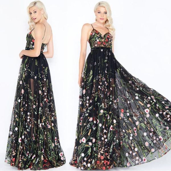 

yiwa women fashion embroidered sling shoulder v-neck evening dress robe grey tulle floral printed evening dresses1, White;black