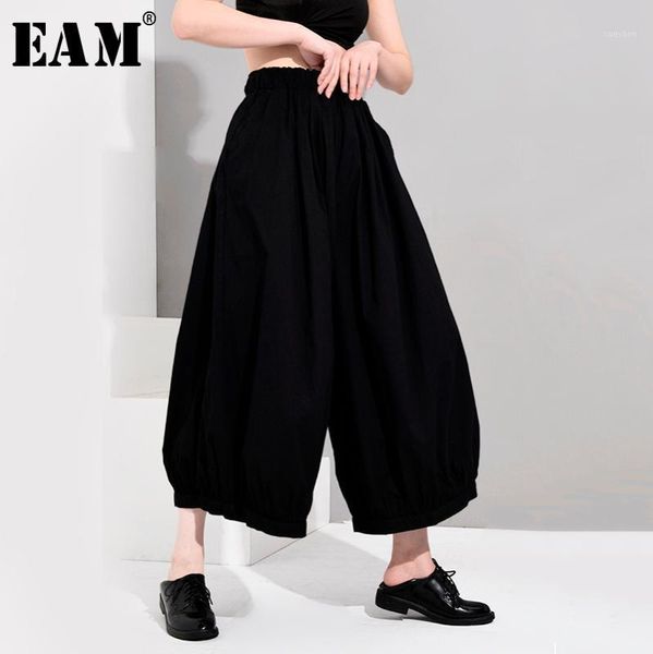 

eam] high elastic waist black pleated long wide leg trousers new loose fit pants women fashion tide spring autumn 2020 jx10001, Black;white