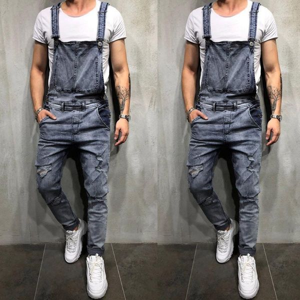 

2021 fashion men's ripped jeans jumpsuits hip hop street distressed hole denim bib overalls for man suspender pants size -xxl1, Blue