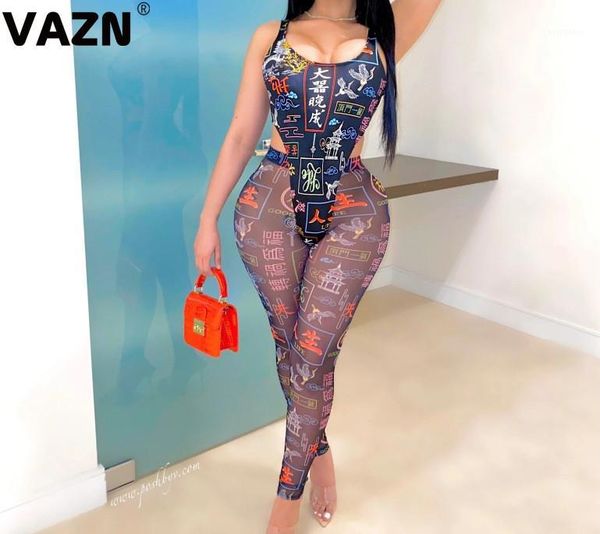 

vazn skinny 2020 women print colors long jumpsuit sleeveless o-neck full pants jumpsuit lady club see-through1, Black;white