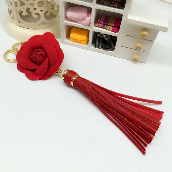 

new arrival camellia flower women leather tassel key chain golden fashion key ring women bag pendant car keychain eh627 h sqcxyi