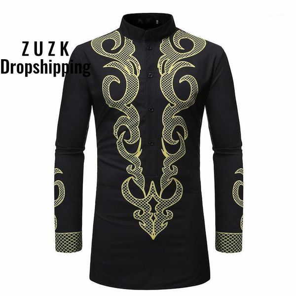 

men's dress shirts men middle east style printing shirt camisa masculina , long slim fit stand collar us size1, White;black