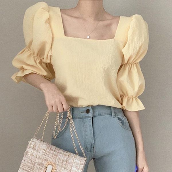

korobov korean chic elegant solid square collar women blouses vintage puff sleeve korean shirts 2020 summer chiffon blusas mujer, White
