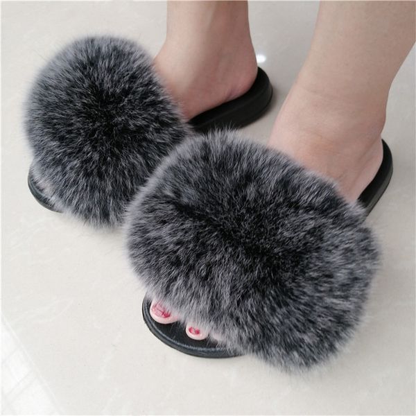 

zdfurs* women fox fur slippers fluffy sliders comfort raccoon furry summer flats sweet ladies shoes eva sole fashion shoes flips x1020, Black