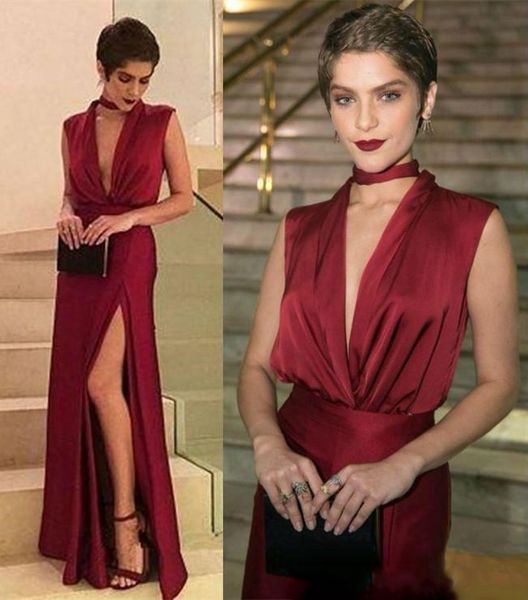 

dark red prom dresses deep v neck high side split floor length evening dress party gowns ogstuff vestidos de fiesta, Black;red
