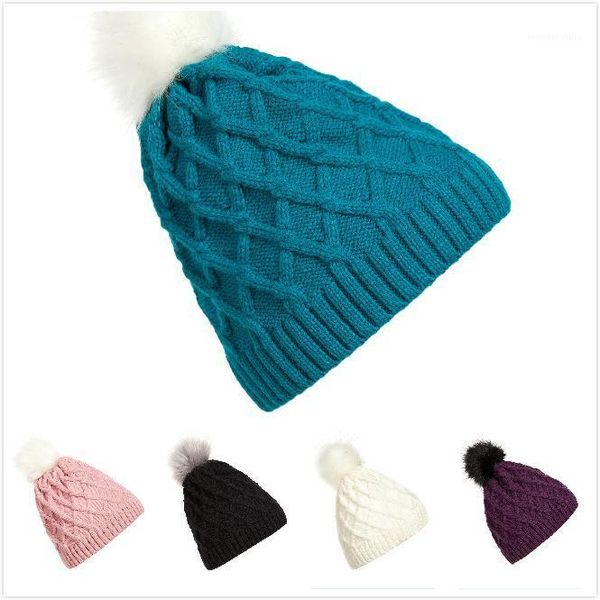 

autumn and winter ladies hats diamond interwoven mesh wool ball knitted hat outdoor woolen hat for women1, Blue;gray