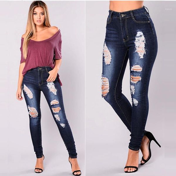 

long casual ripped hole jeans women classic high waist skinny pencil blue denim pants ripped hole elastic stretch jeans women1