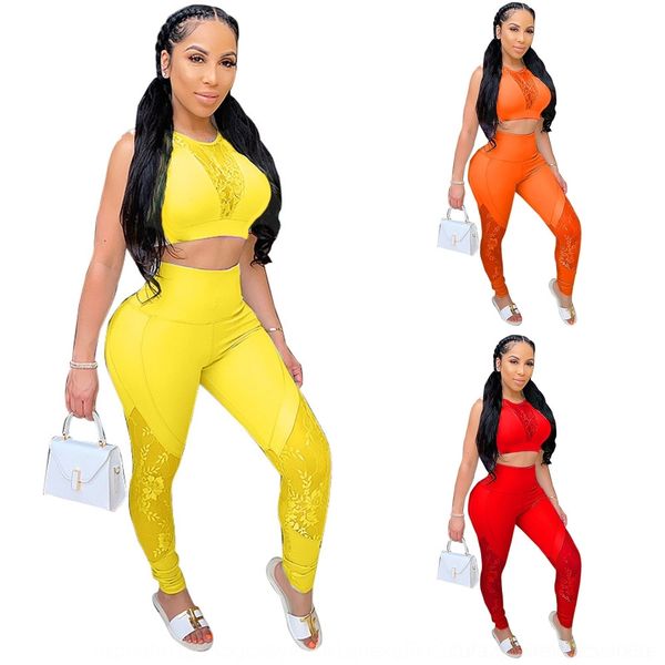 

7hwhw 8531 women's suit pants set spring suit color new solid summer lace stitching pants and nihdy, Gray