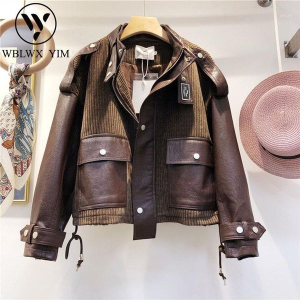 

winter pu leather jacket women corduroy splice jackets fashion stand collar loose motorcycle faux leather jacket female outwear1, Black