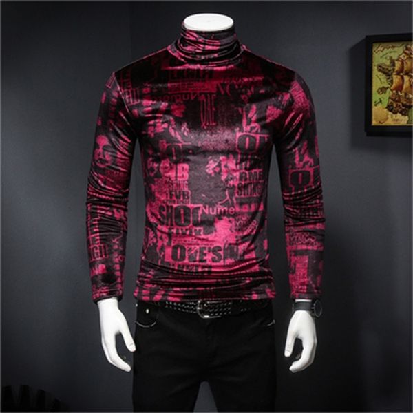 

2019 autumn new half-high collar long-sleeved t-sleeve male korean version of the self-cultivation gold velvet t-shirt large size shirt tide, White;black