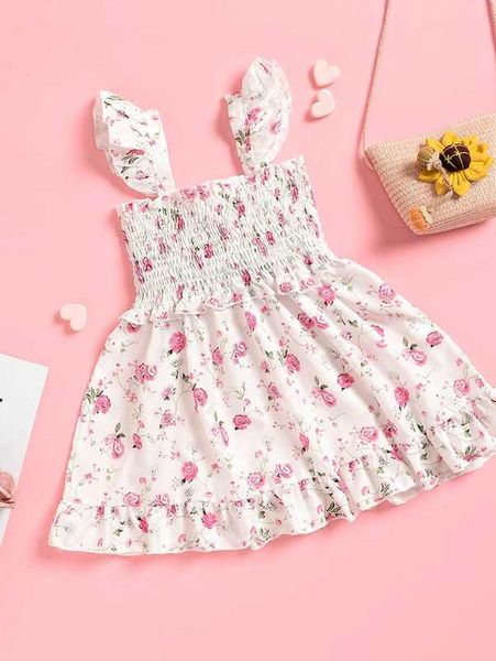 

baby girl floral print frilled trim shirred dress she, Red;yellow