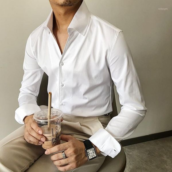 

british men's 2020 large collar design shirt fashion korean style long sleeve solid color stand collar shirt light mature1, White;black