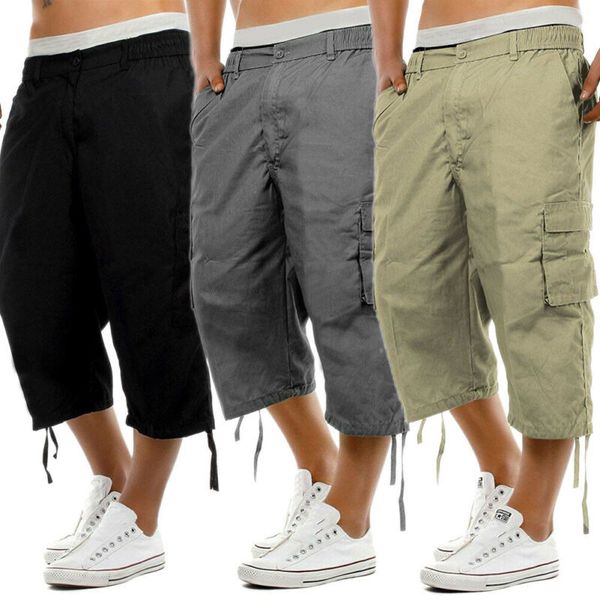 

vintage men's combat cargo summer work pockets 3/4 capri mens casual jogger shorts workout gym trousers, White;black