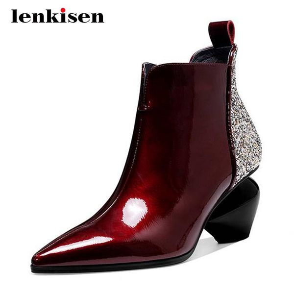 

lenkisen 2020 зимой новые сапоги натуральная кожа горячая лоскутное шику заостренный носок высокий каблук странный молния молодой леди ботил, Black