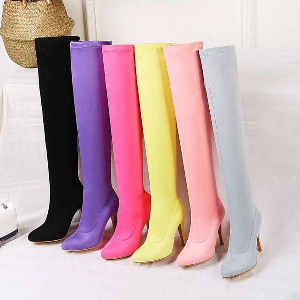 

boots colours winter women cow suede over the knee high heel pointed woman boot thickening elastic botas yuj71, Black