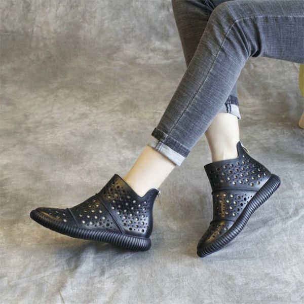 

boots full grain cow leather women retro style ankle round toes black med heels riding shoes for woman hollow summer cool