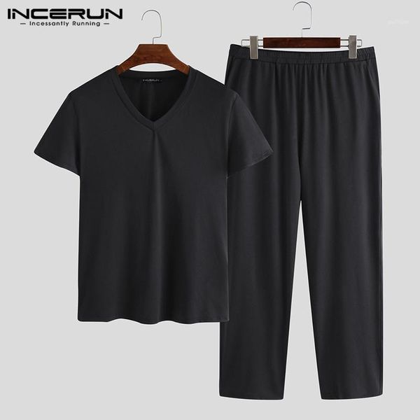 

incerun men pajamas sets solid v neck breathable leisure short sleeve & pants 2020 homewear summer soft male sleepwear suit1, Black;brown