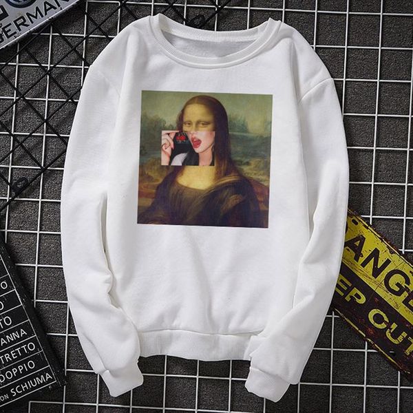 

mona lisa cartoon fun fashion print hoodies spoof personality fashion harajuku sweatshirt new casual loose women clothing hoodie, Black