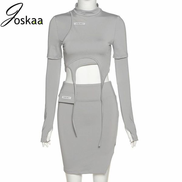 

joskaa твердый лоскутное круглый письмо шеи с коротким рукавом slim-fit top высокая талия hip нерегулярные разделенного юбка костюм женщин и, Gray