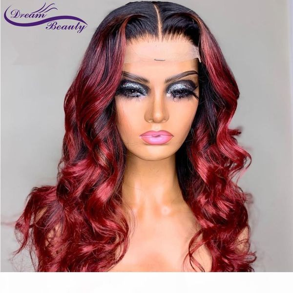 

180% ombre red human hair lace frontal 100% human hair wig brazilian remy wavy ombre color preplucked hairline dream beauty, Black;brown