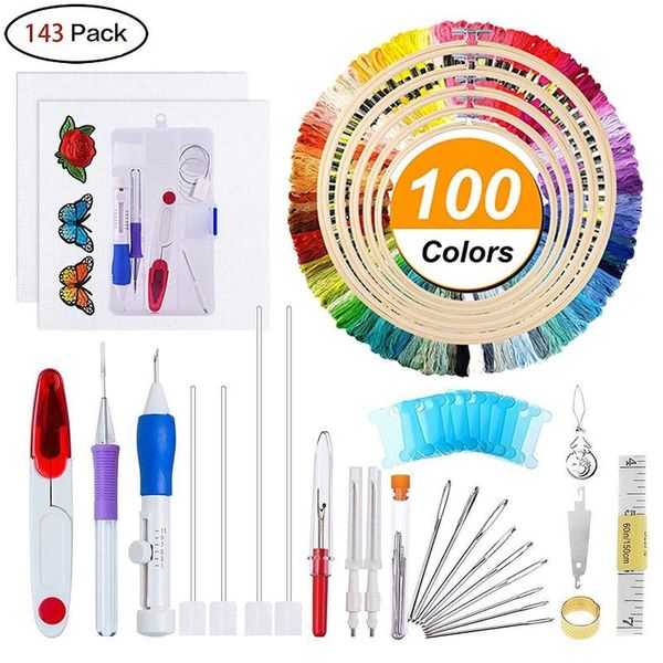 

embroidery starter kit full set-magic embroidery pen punch needle,hoops,threads,stitching punch pen set craft tool for beginner, Black