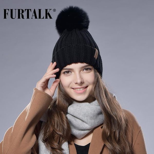 

beanie/skull caps furtalk fur pom hat winter women knit fashion, Blue;gray