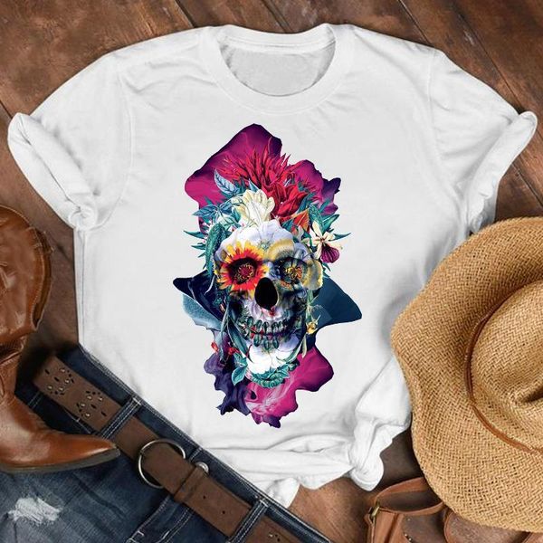 

women lady skull horror face short sleeve fashion cute 90s shirt clothes womens female print t tshirt tee graphic t-shirt, White