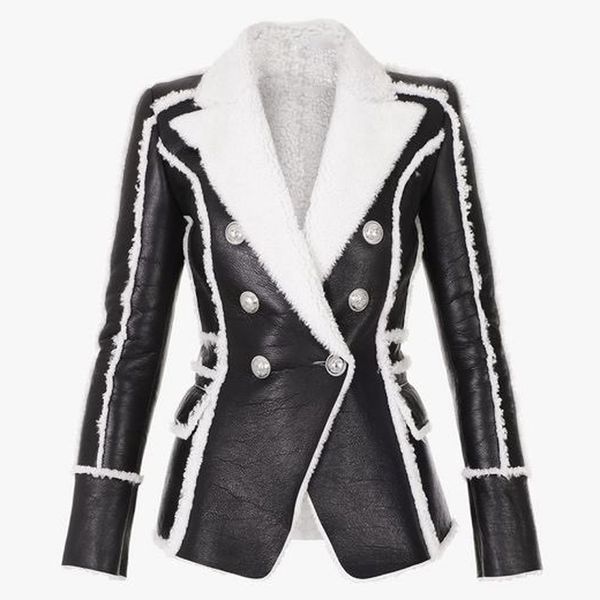 

excellent quality stylish designer winter blazer for women lion buttons artificial fur leather jacket blazer 201201, White;black