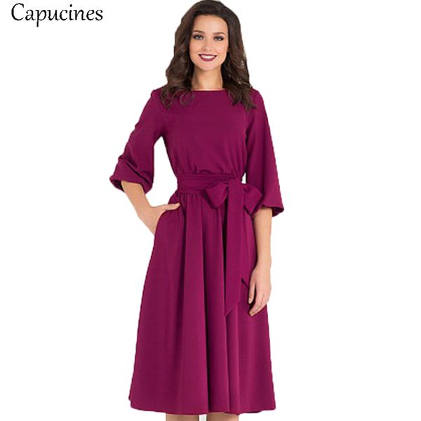 

2020 autumn vintage soild lantern sleeve a-line dress women elegant o-neck half sleeve pocket sashes knee-length casual dress h1210, Black;gray