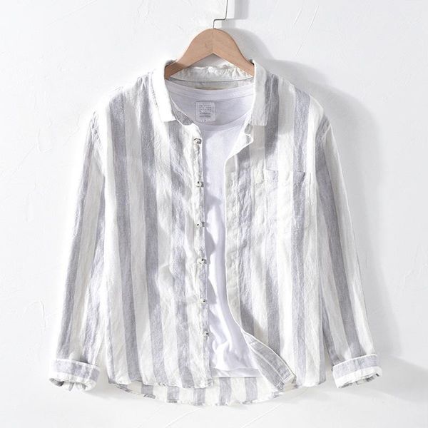 

2020 men's long sleeve shirts 100%linen summer casual striped shirts man turn-down collar blouse y24681, White;black