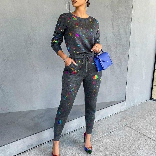 

women printed two pieces set long sleeves casual fashion o neck skinny pants elastic waist spring female new suits ladies, Gray