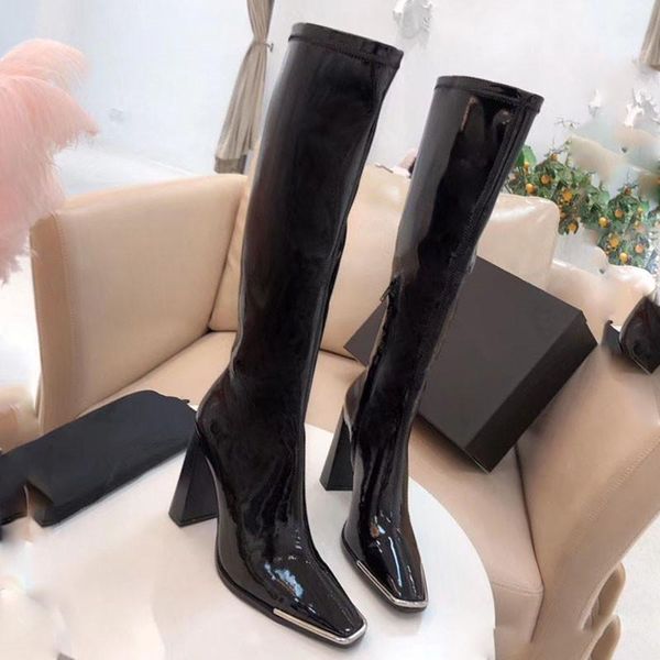 

winter boots women zapatos de mujer metal square toe ladies shoes thick heels leather boots knee high bottes femme1, Black