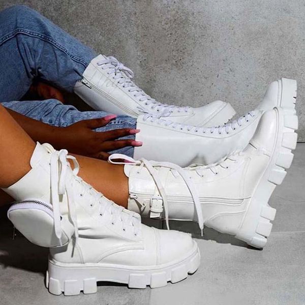 

women's chunky boots new fashion pocket platform boots women ankle female sole pouch lace up women botas mujer plus size, Black