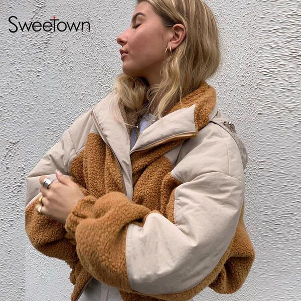 

послащенные пэчворк teddy bubble parkas женщины зимние толстые тепловые пальто высококачественные вершинные обезвременные орежьте гудучатое, Black