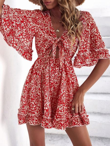 

floral print tie front frill trim jumpsuit f3ae#, White