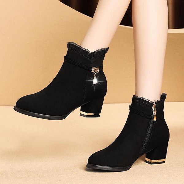 

2020 winter woman ankle boots faux suede chunky boot gauze designer shoes black high heels dress shoes botas mujer 8788g