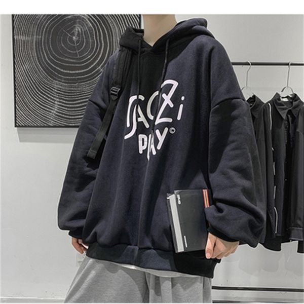

thick 2021 new male gray hoodie nightgown autumn and winter tides loose more velvet hooded coat 011a, Black