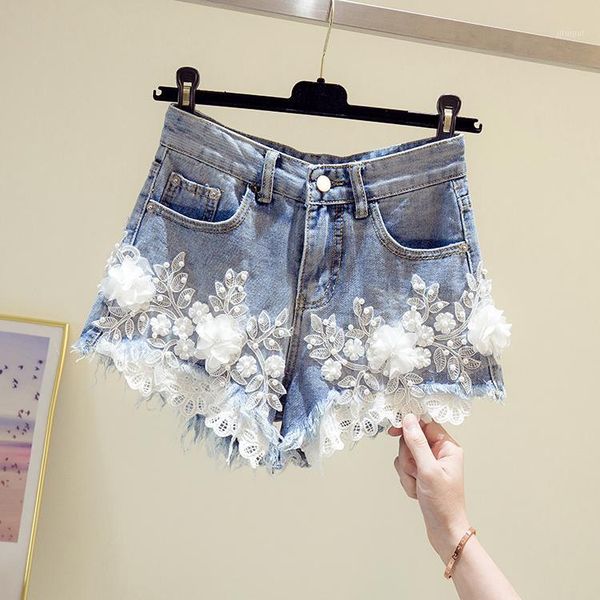 

flower jeans shorts for women summer new hole flower slimming wide leg pants high waist denim shorts students streetwear1, Blue