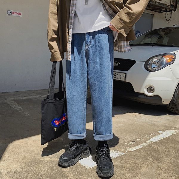 

basic jeans simple versatile loose straight autumn and winter solid color casual men's wide leg pants, Blue