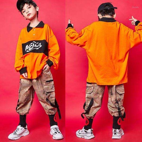 

boys jazz dance clothing hiphop performance wear loose long-sleeved shirt camouflage pants handsome children stage suit dl54441, Black;red