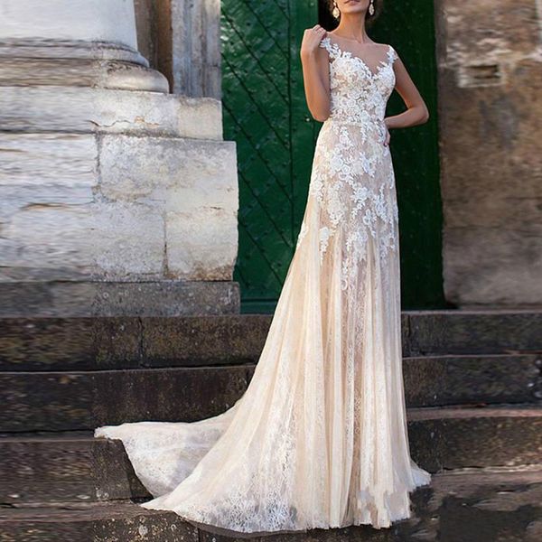 

lace wedding dress 2020 illusion neckline appliques vintage bridal gowns sheath wedding dresses sheer back vestido, White
