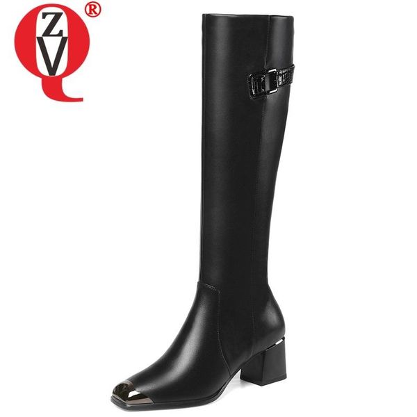 

zvq winter new fashion knee high boots outside high heels square toe quality genuine leather women shoes drop shipping, Black