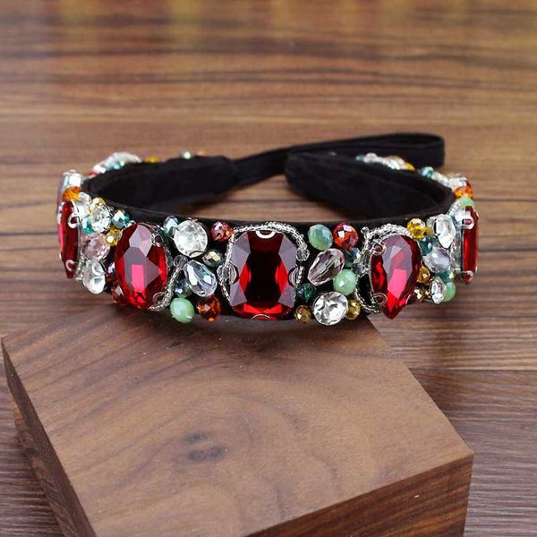 

luxury baroque rhinestone red women wedding headband colorful water drop crystal pearl wide hairband tiara bridal hair accessory, Golden;silver