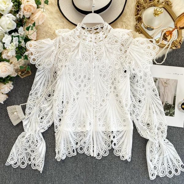 

summer sweet ruffles hollow out polka dot lace shirt women stand collar long flare sleeve button fashion runway blouse top, White