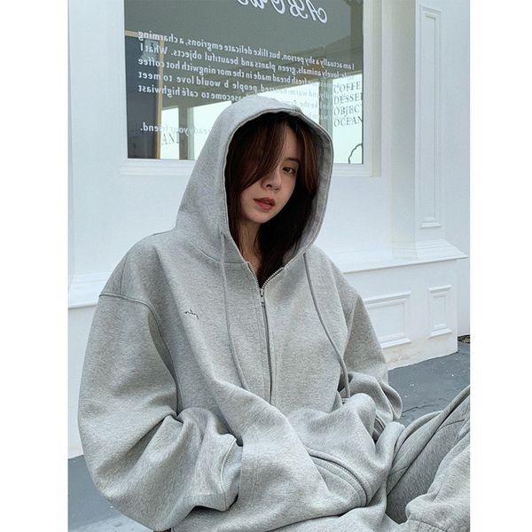 

2021 new capped shirt with zipper autumn temperament female print lazy version casual simplicity cardigan coat ssau, Black