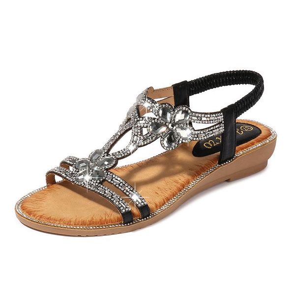 

women shoes 2020 fashion new rhinestone flower flat sandals wedge 36-42 large size sandalias de mujer verano sandals rinestones, Black