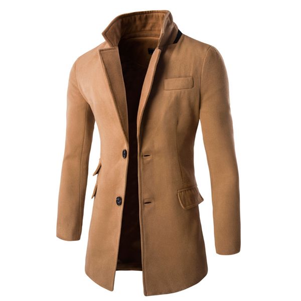 

autumn and winter single row two button men's medium length windbreaker coat, Tan;black