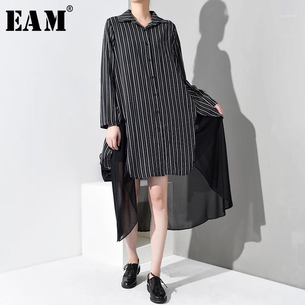 

eam] 2020 new autumn winter lapel long sleeve black striped printed chiffon stitch big size shirt women blouse fashion jo35001, White