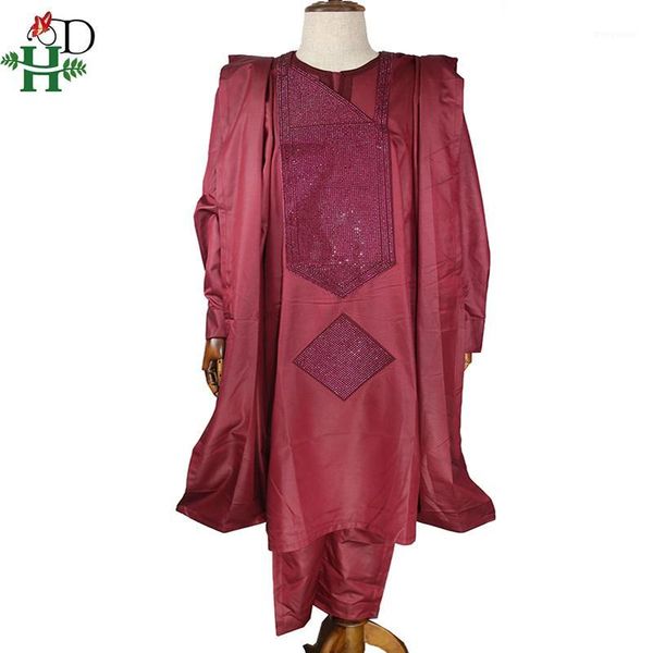 

h&d 2020 men african clothes pants 3pcs agbada suit long sleeve formal attire embroidery pattern with stones robe africaine1, Red