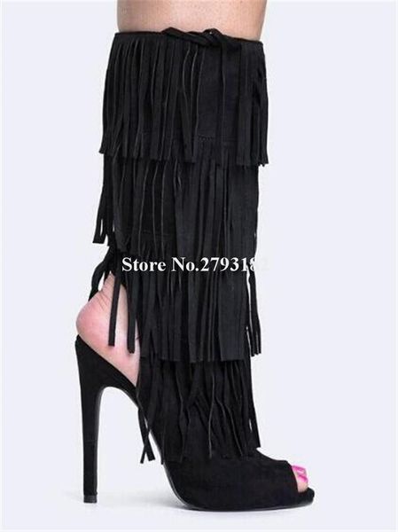 

boots brand design women fashion open toe black suede tassels mid-calf gladiator cut-out high heel fringed